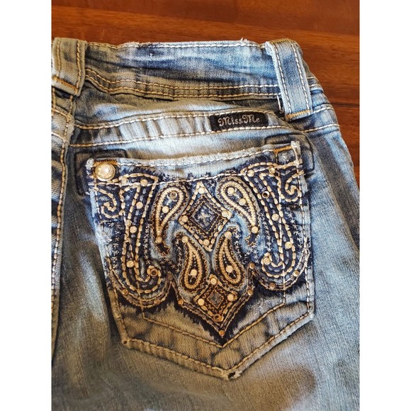 Miss Me Mid-Rise Boot Cut Women Size 27 Med Wash MW58458 Embellished Destressed - Picture 12 of 13